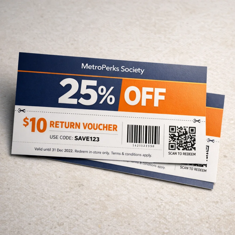 Perforated tear off coupon printing Singapore with 25 percent discount and 10 dollar return voucher