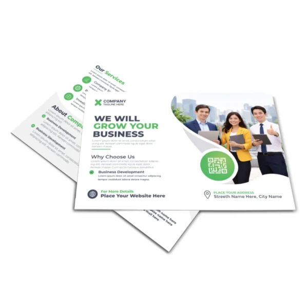 Clean corporate postcard printing Singapore with green modern business design overlap view