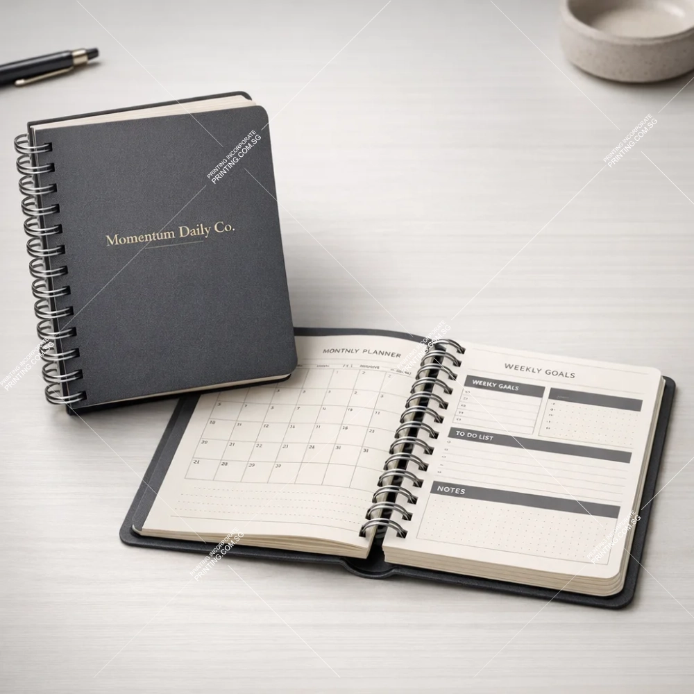 Premium planner wire o booklet printing Singapore with monthly calendar and weekly planning layout
