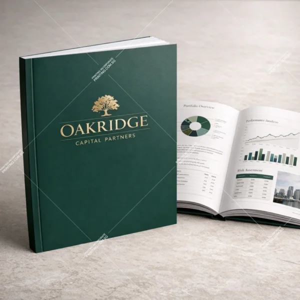Private investment presentation perfect bound booklet printing Singapore with green foil cover