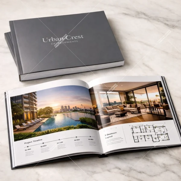 Property portfolio presentation perfect bound booklet printing Singapore with full-bleed spreads