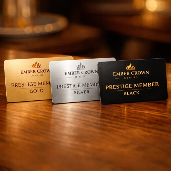 Restaurant VIP membership card printing Singapore featuring gold, silver and black metal prestige member cards
