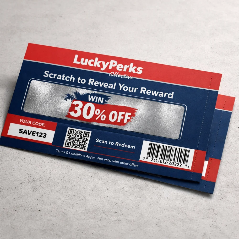 Scratch off discount coupon printing Singapore with 30 percent off reward, QR code and barcode