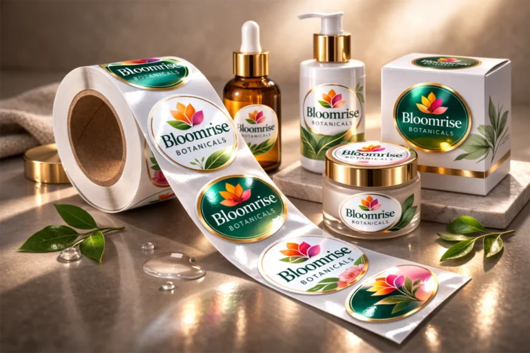 Custom printed product labels applied on cosmetic packaging containers