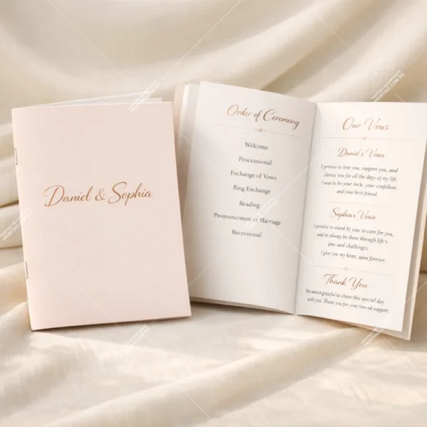 Wedding ceremony programme saddle stitched booklet printing Singapore with soft elegant cover