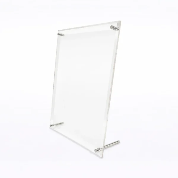 Portrait acrylic certificate holder Singapore side angle with metal stand rods