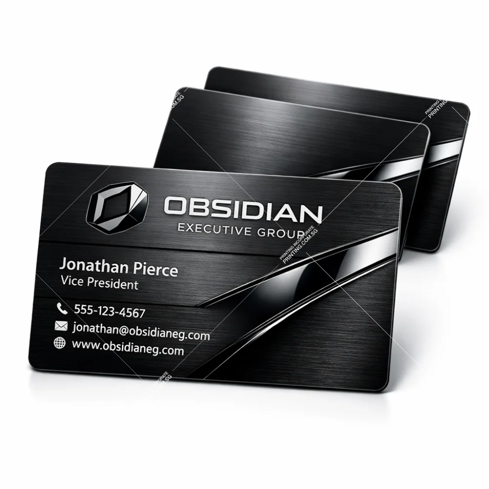 Brushed chrome black metal business cards with reflective chrome design