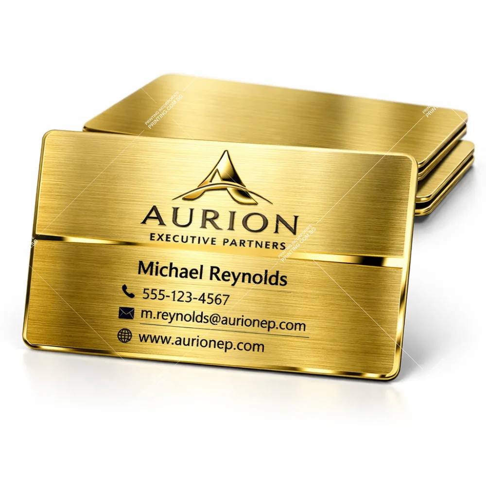Brushed chrome gold metal business cards with luxury metallic texture