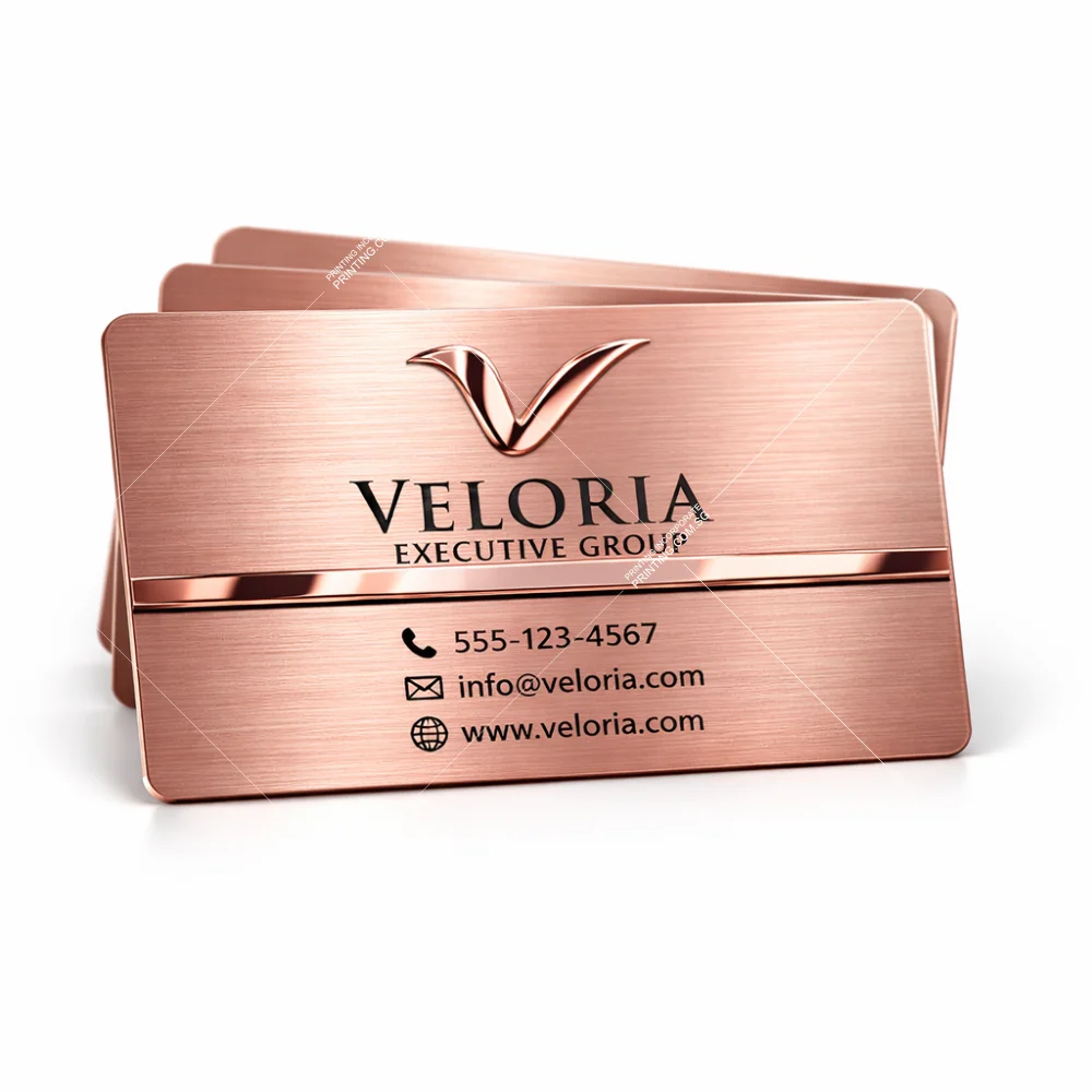 Brushed chrome rose gold metal business cards with premium metallic finish