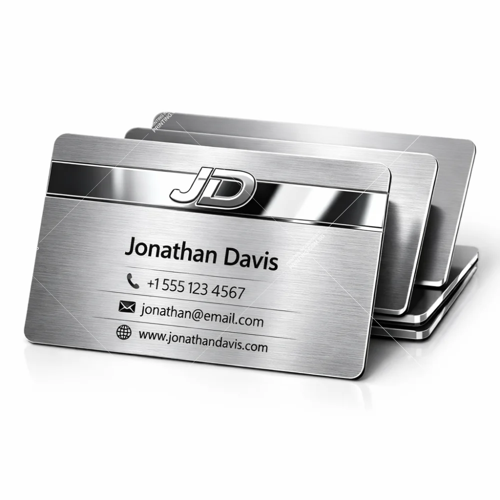 Brushed chrome silver metal business cards with modern geometric accent