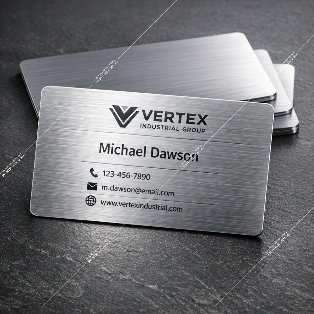 Brushed metal business cards with stainless steel texture and engraved contact details