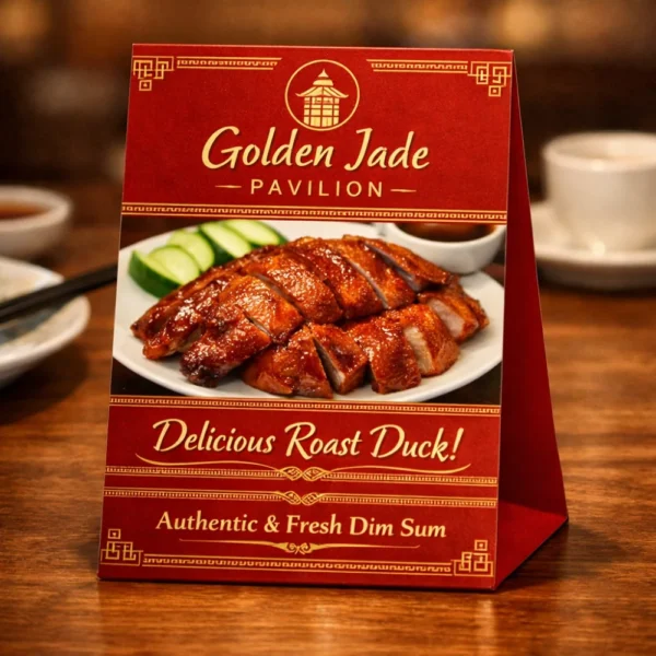 Chinese restaurant table tent printing Singapore with roast duck promotion design