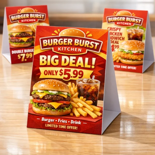 Fast food promotion table tent printing Singapore for burger combo meal deal