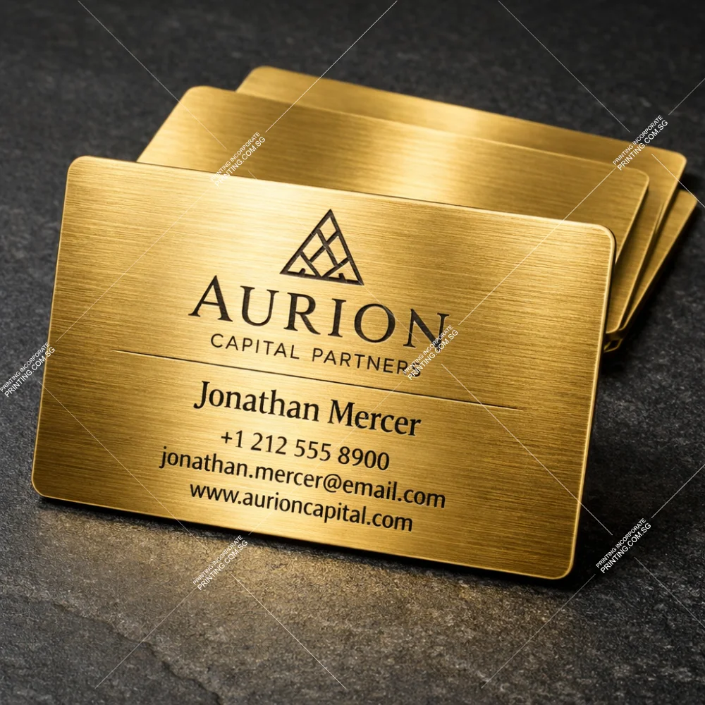 Gold brushed metal business cards with engraved corporate logo and contact details