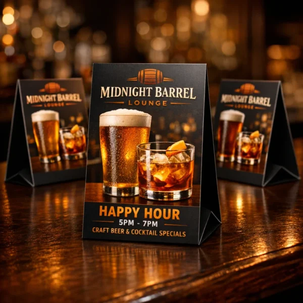 Lounge bar table tent printing Singapore for craft beer and cocktail happy hour