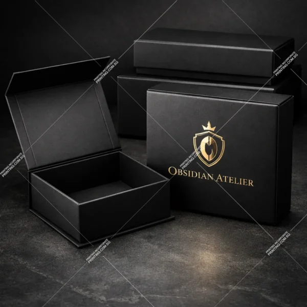 Luxury matte black packaging box printing Singapore with gold foil logo