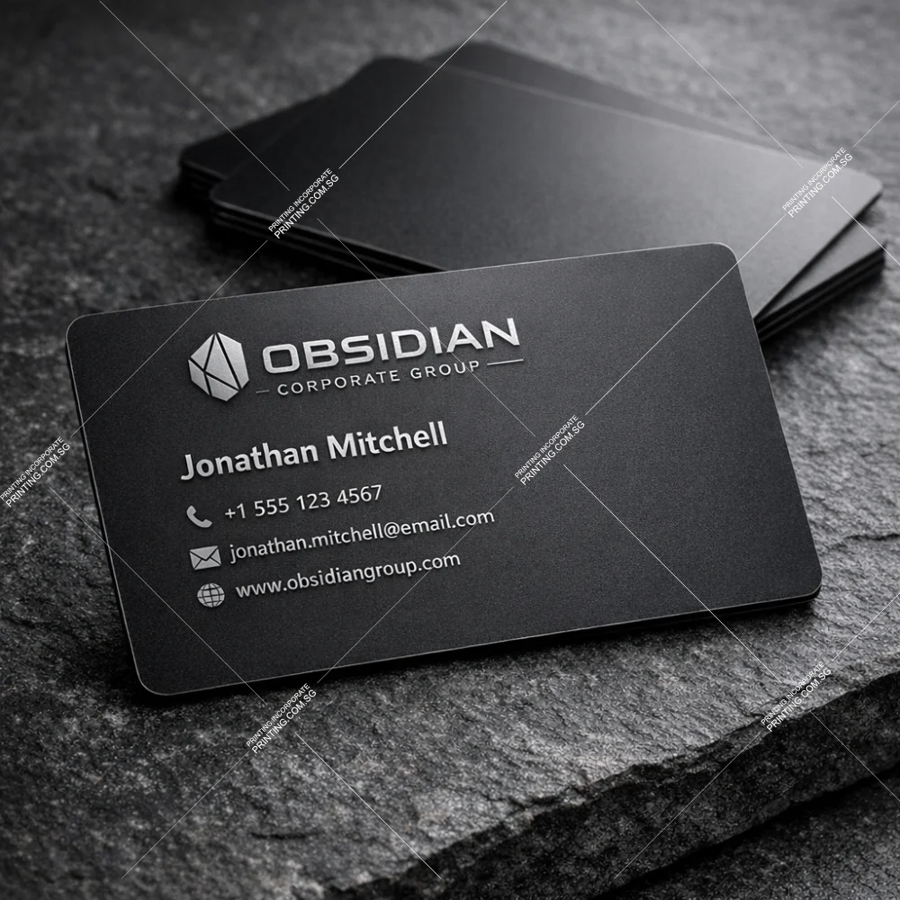 Matte black metal business cards with minimalist engraved branding