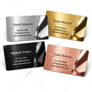 Metal business cards with brushed and chrome finishes displayed as premium luxury name cards