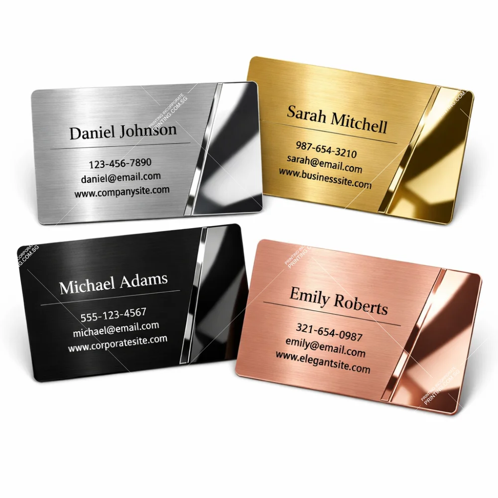 Metal business cards with brushed and chrome finishes displayed as premium luxury name cards