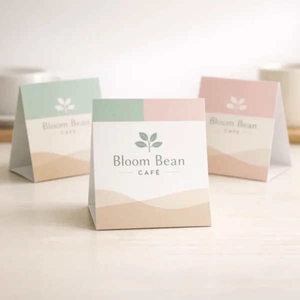 Modern café table tent printing Singapore with pastel minimal design