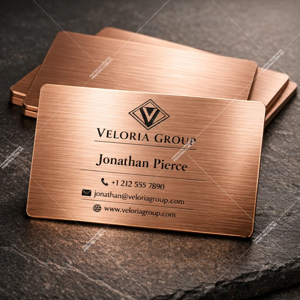 Rose gold brushed metal business cards with engraved company logo