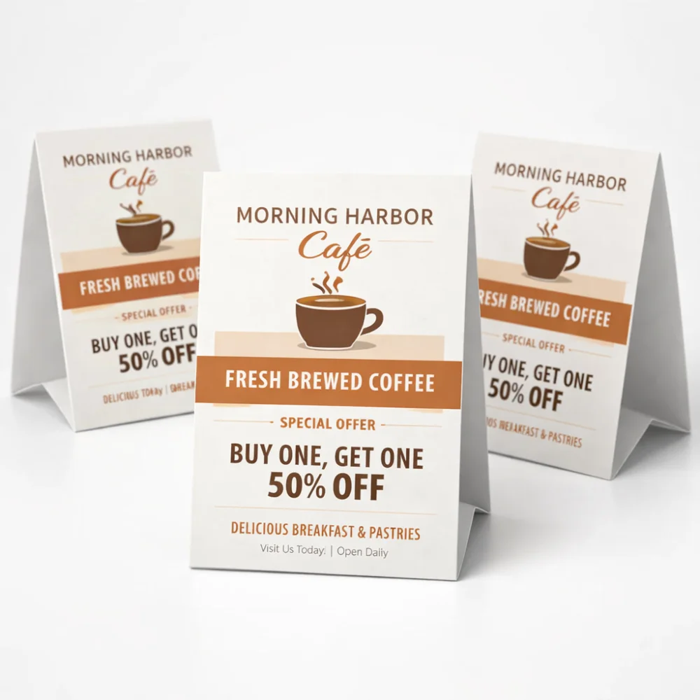 table tent cards printing Singapore triangular tabletop promotional display